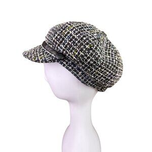 Nine West Womens Black Wool Newsboy Cap Button Tweed OS